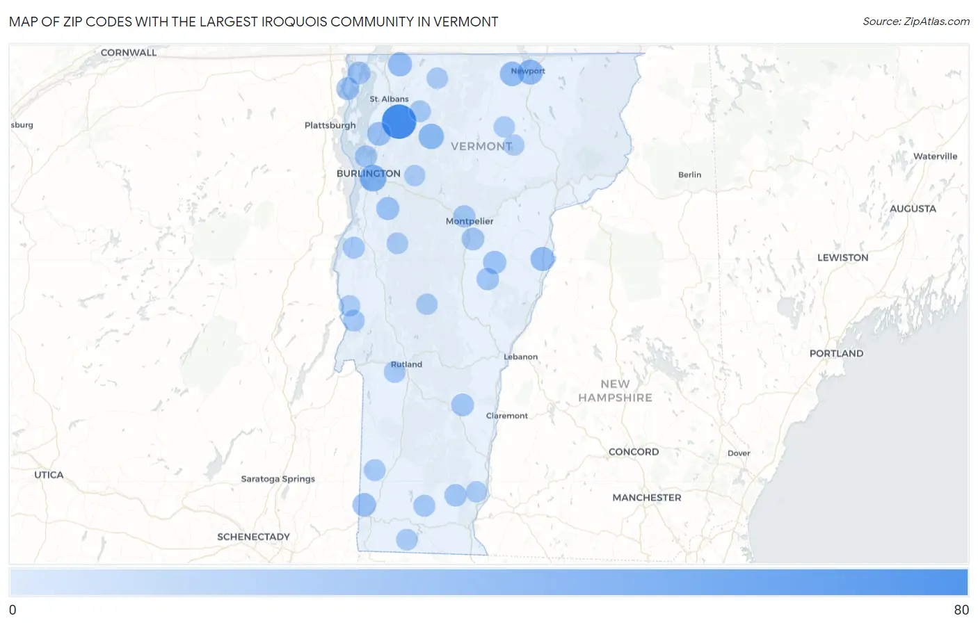 Zip Codes with the Largest Iroquois Community in Vermont Map