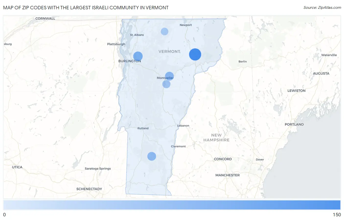 Zip Codes with the Largest Israeli Community in Vermont Map