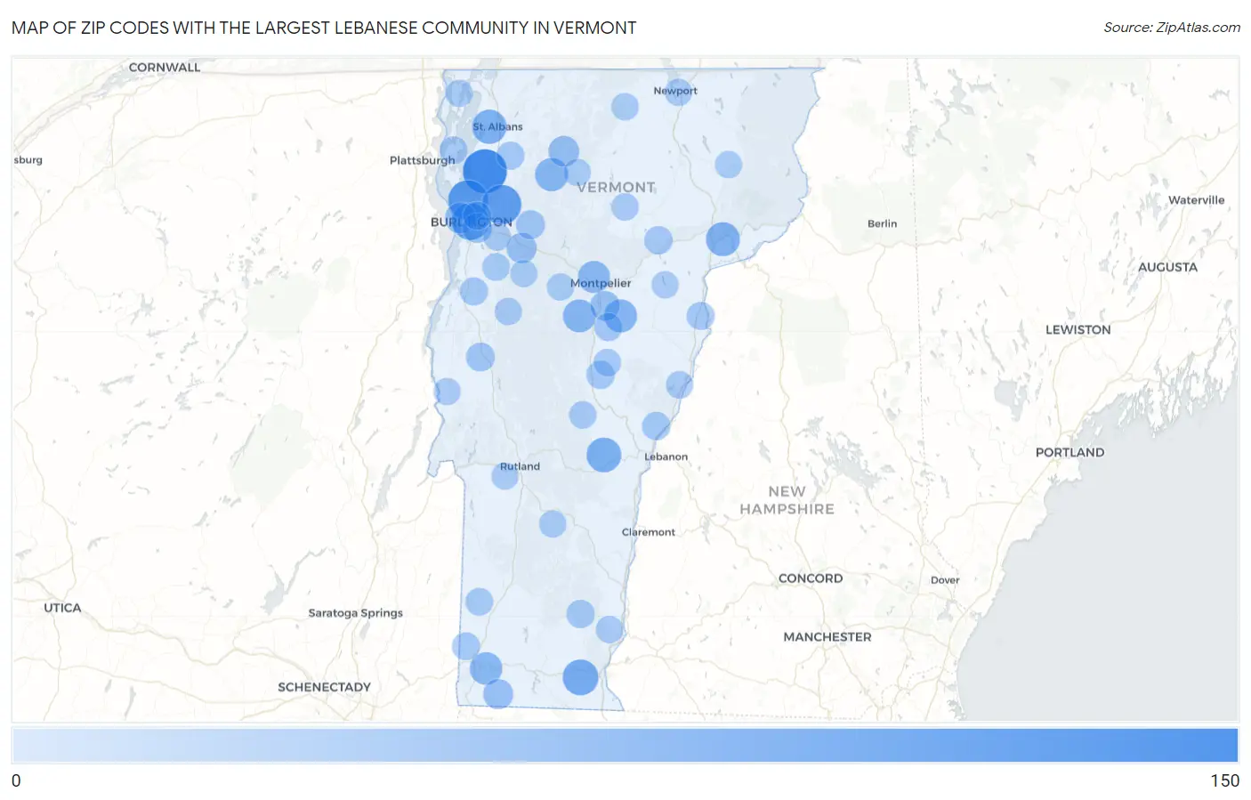 Zip Codes with the Largest Lebanese Community in Vermont Map