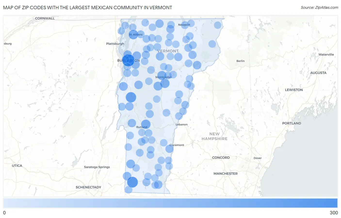 Zip Codes with the Largest Mexican Community in Vermont Map