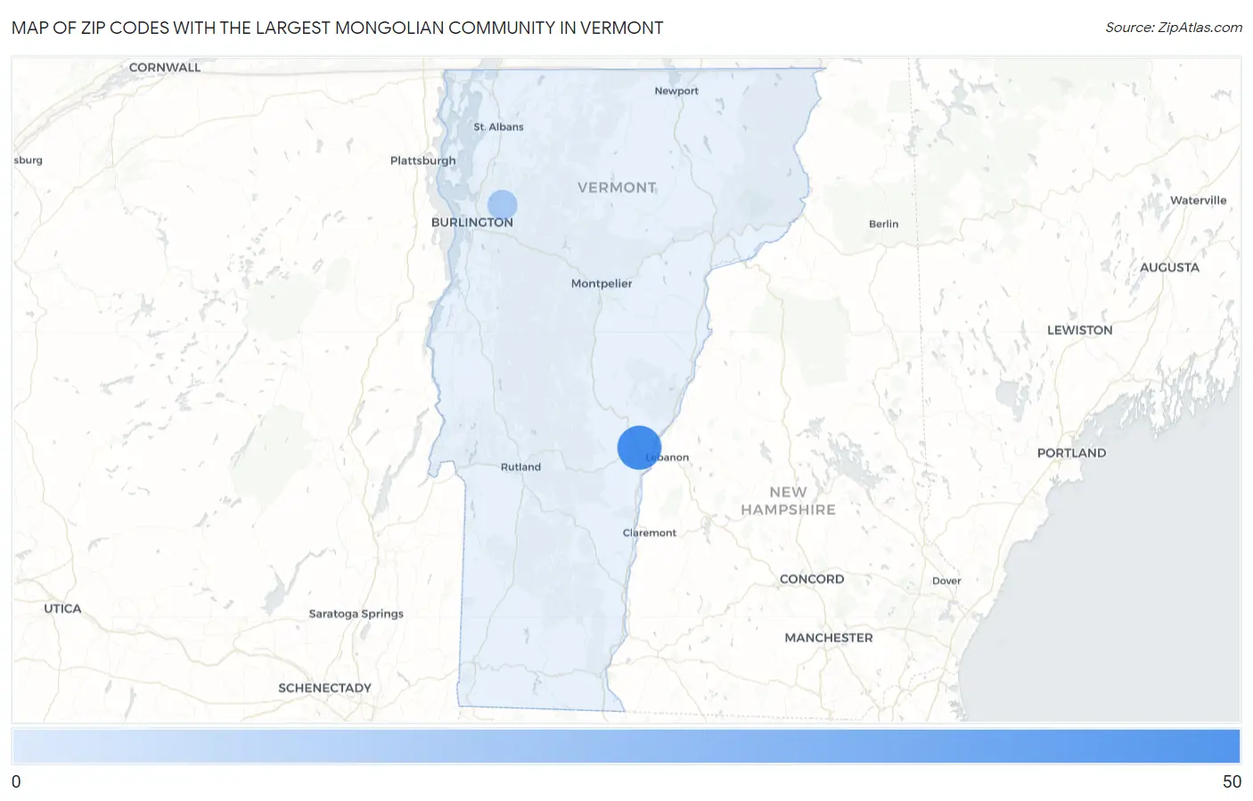 Zip Codes with the Largest Mongolian Community in Vermont Map