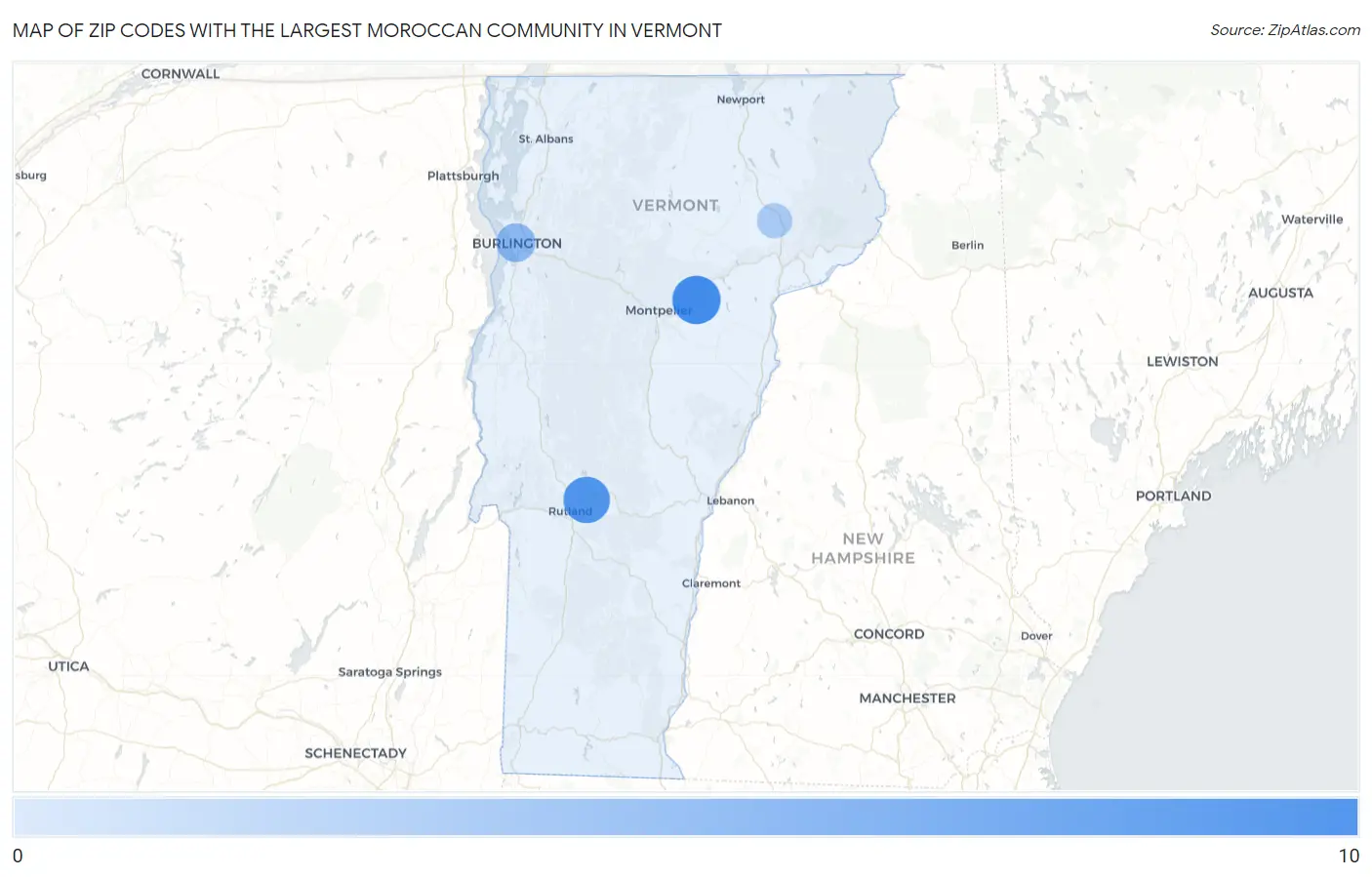 Zip Codes with the Largest Moroccan Community in Vermont Map