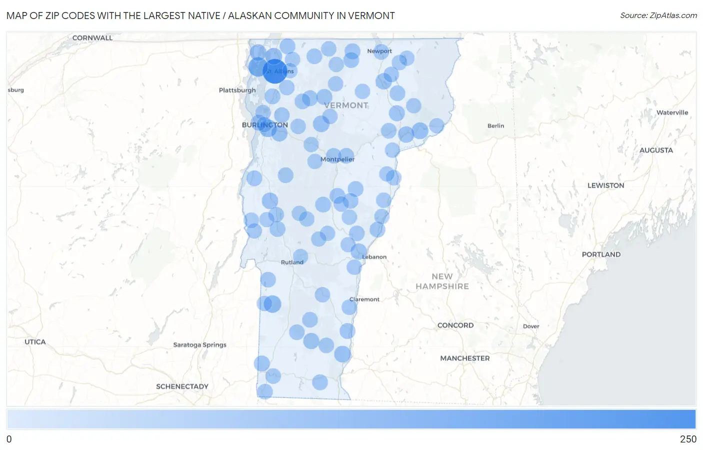 Zip Codes with the Largest Native / Alaskan Community in Vermont Map