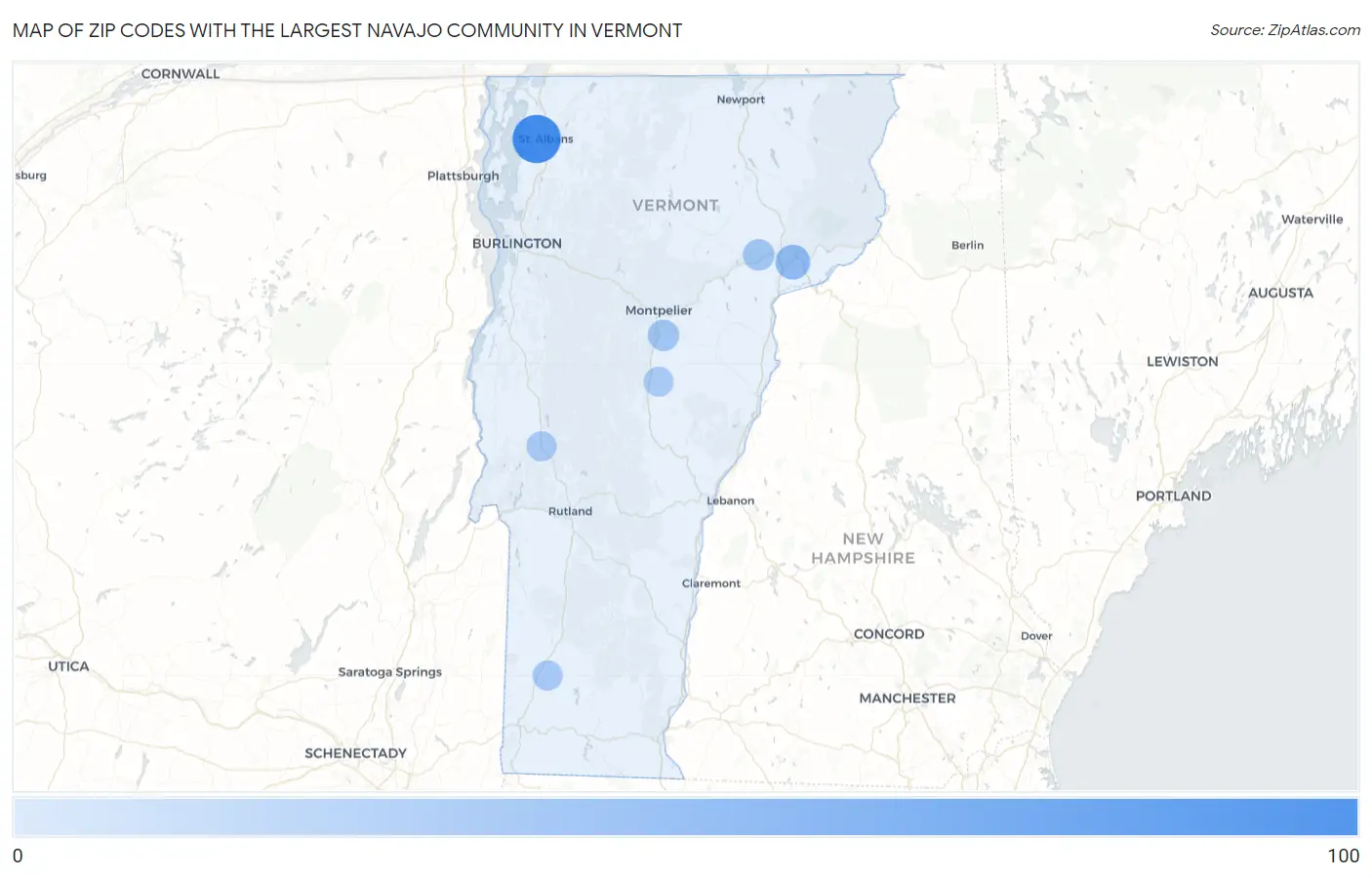 Zip Codes with the Largest Navajo Community in Vermont Map