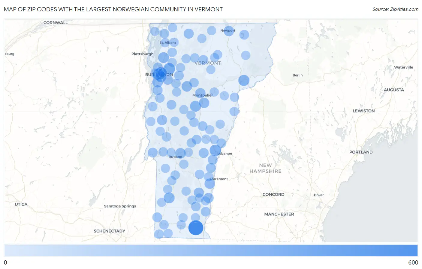 Zip Codes with the Largest Norwegian Community in Vermont Map
