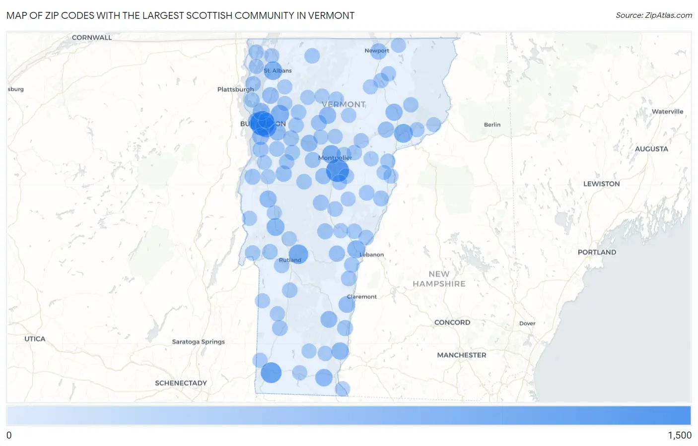 Zip Codes with the Largest Scottish Community in Vermont Map