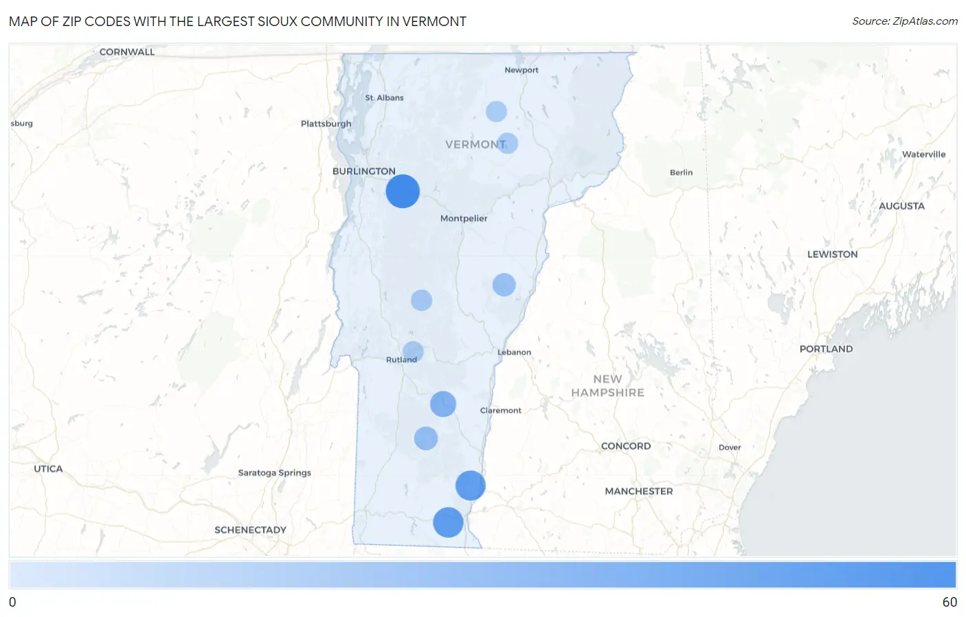 Zip Codes with the Largest Sioux Community in Vermont Map