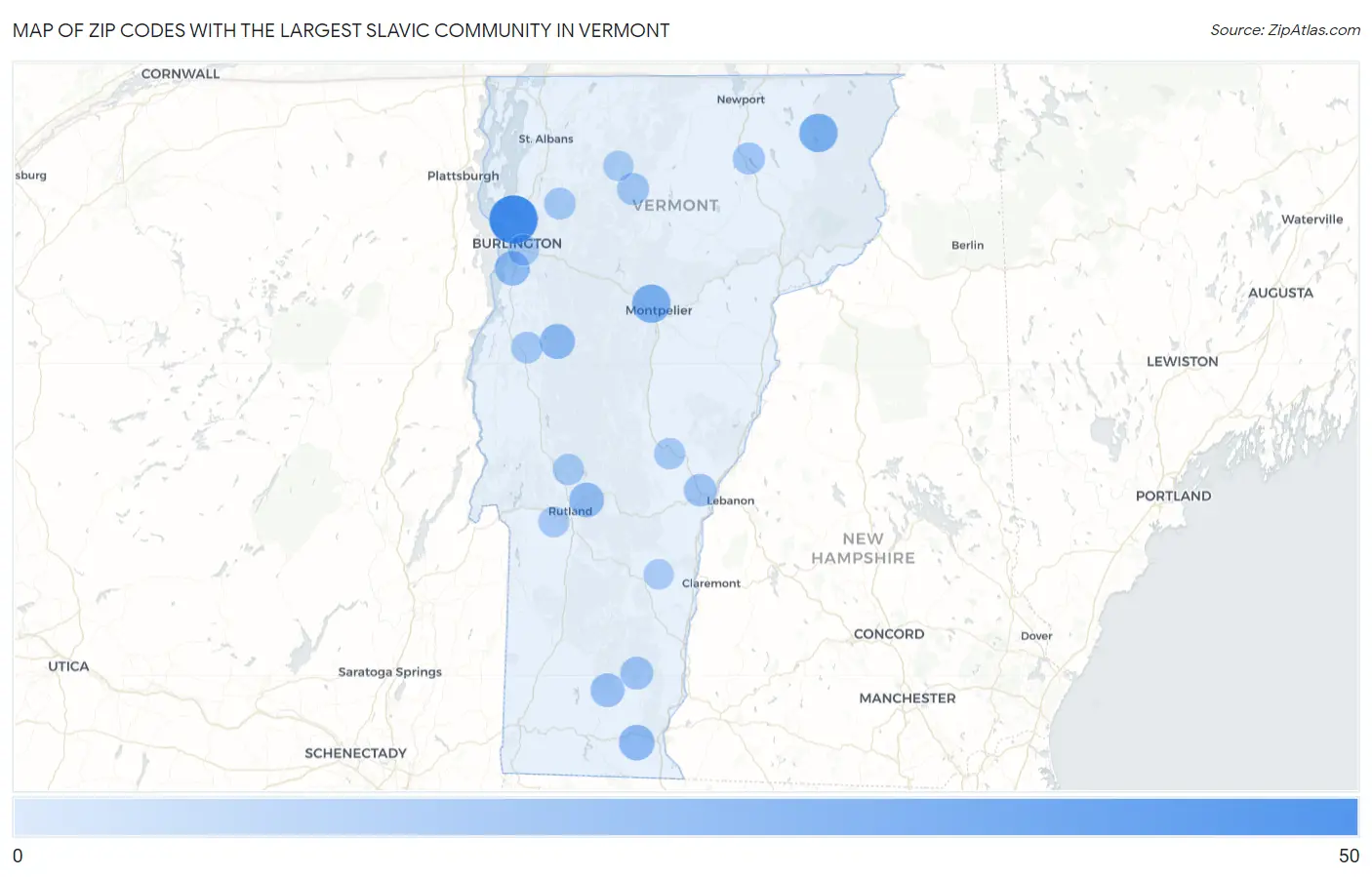 Zip Codes with the Largest Slavic Community in Vermont Map