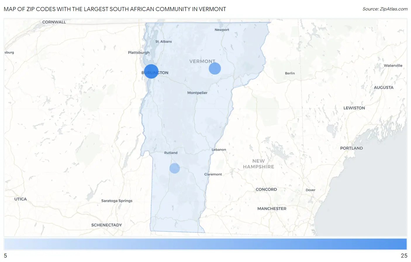 Zip Codes with the Largest South African Community in Vermont Map