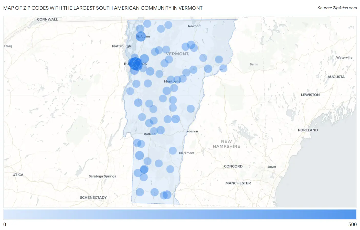 Zip Codes with the Largest South American Community in Vermont Map