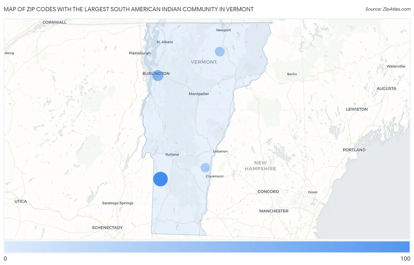 Zip Codes with the Largest South American Indian Community in Vermont Map