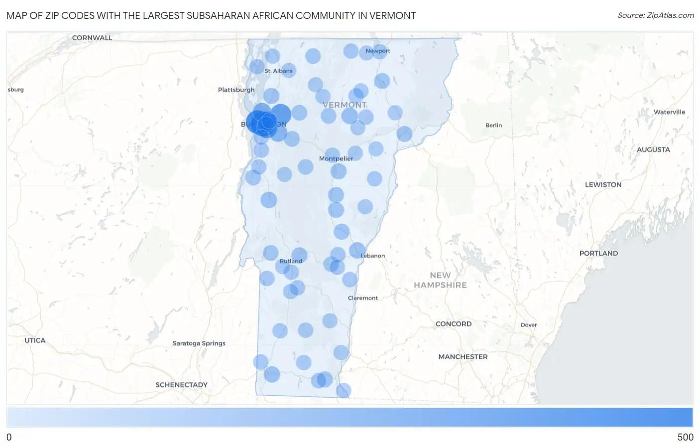 Zip Codes with the Largest Subsaharan African Community in Vermont Map