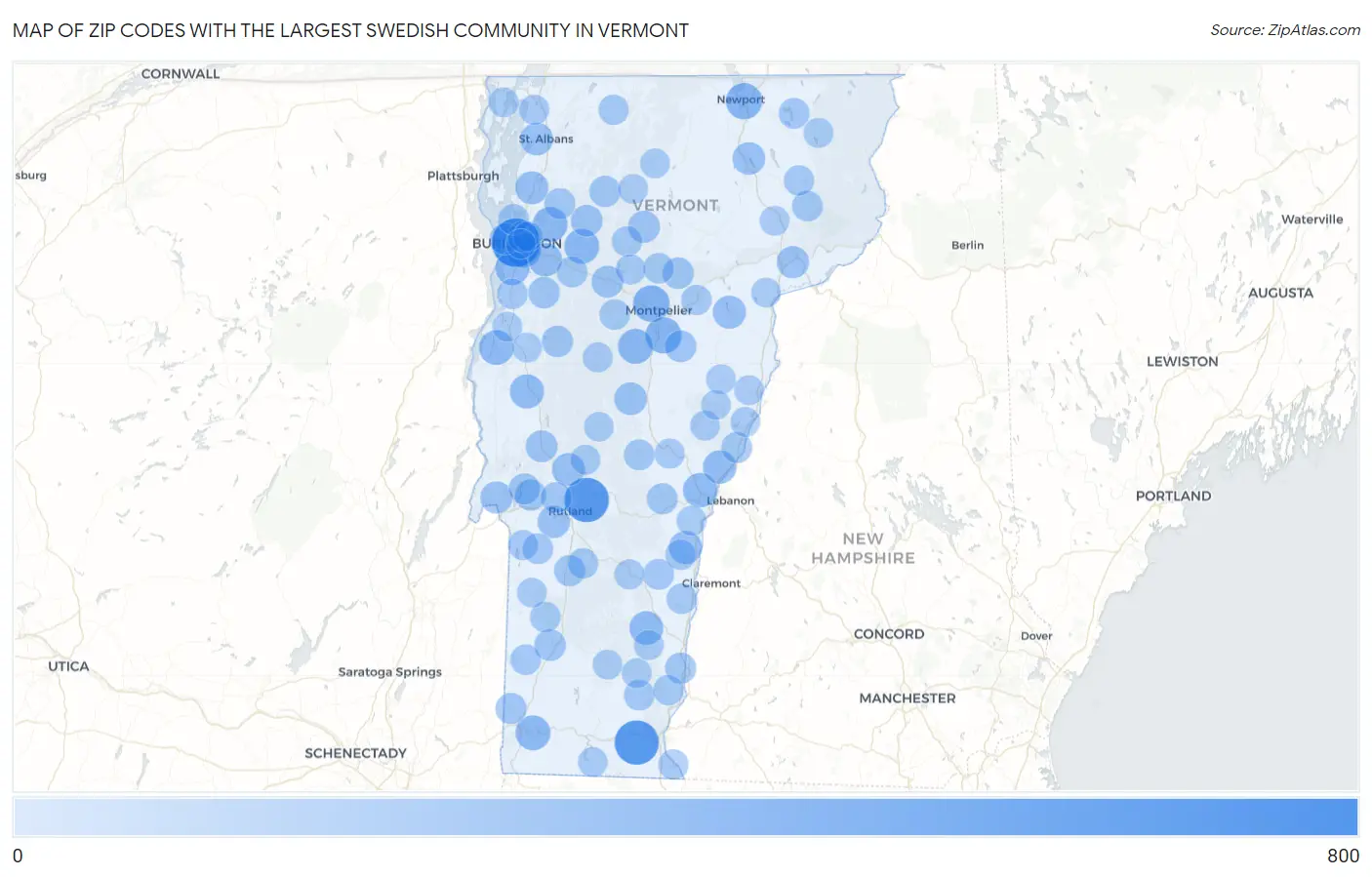 Zip Codes with the Largest Swedish Community in Vermont Map