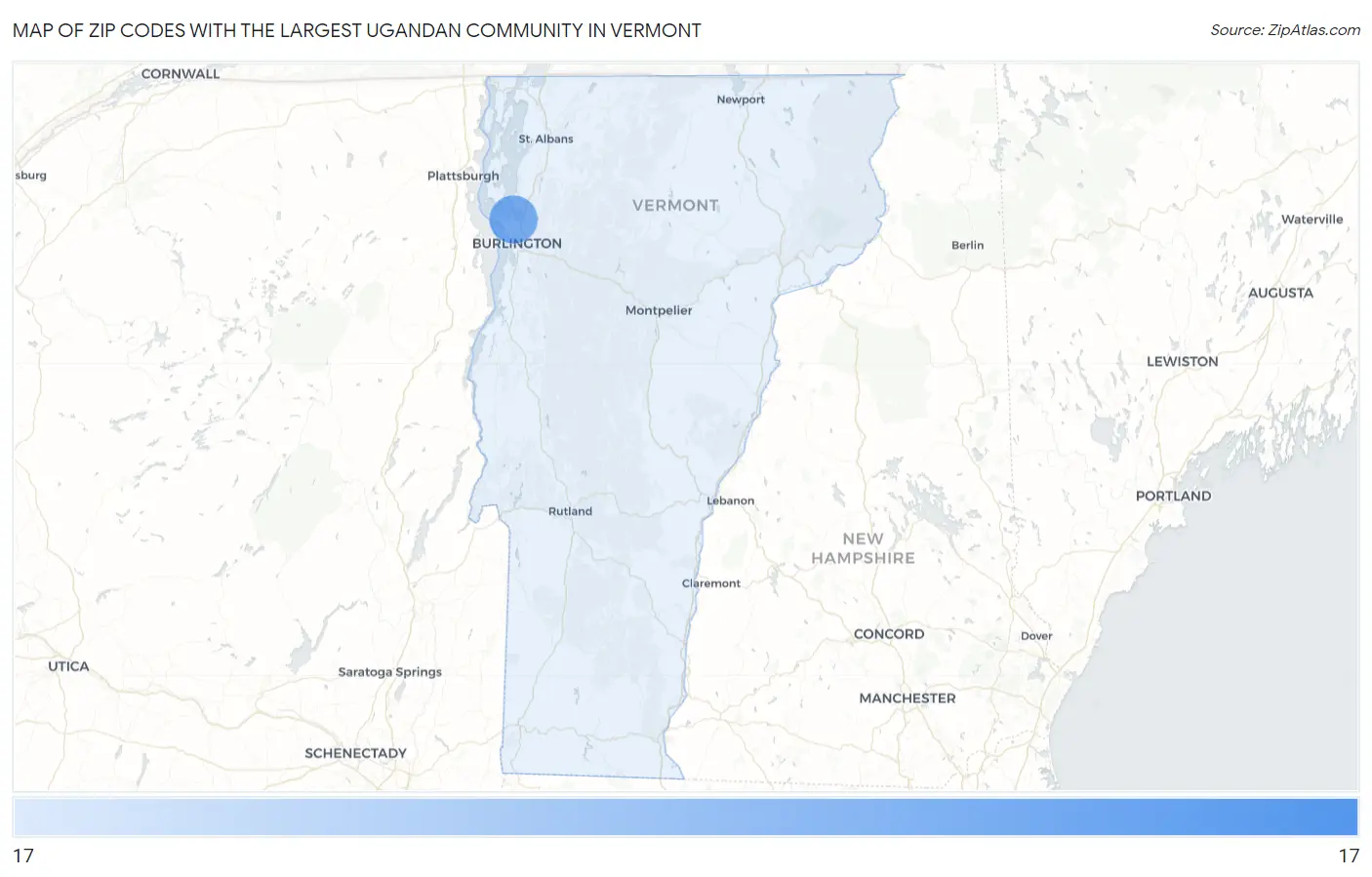 Zip Codes with the Largest Ugandan Community in Vermont Map
