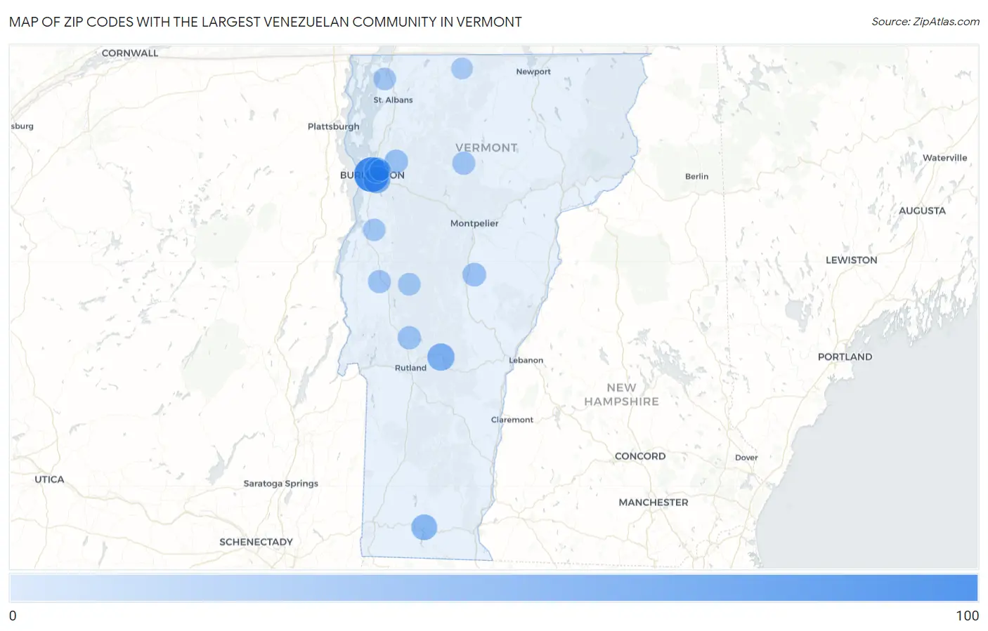 Zip Codes with the Largest Venezuelan Community in Vermont Map
