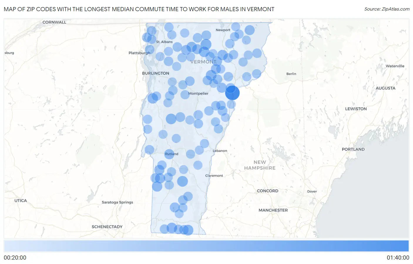 Zip Codes with the Longest Median Commute Time to Work for Males in Vermont Map