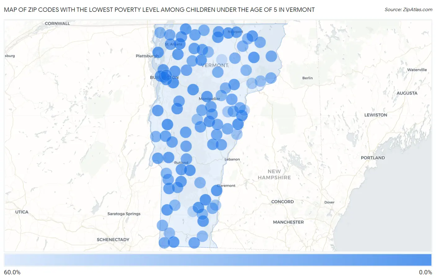 Zip Codes with the Lowest Poverty Level Among Children Under the Age of 5 in Vermont Map