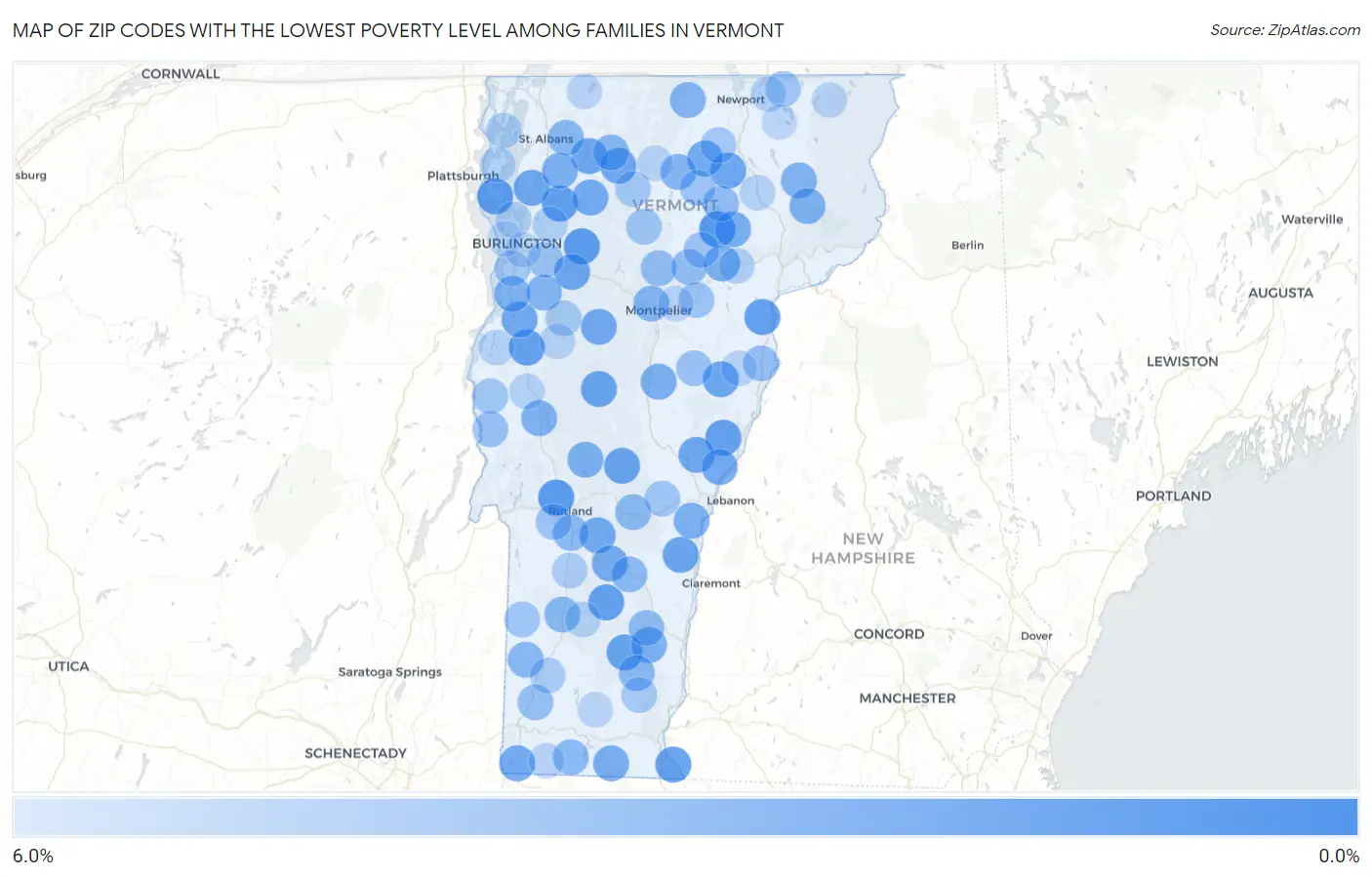 Zip Codes with the Lowest Poverty Level Among Families in Vermont Map