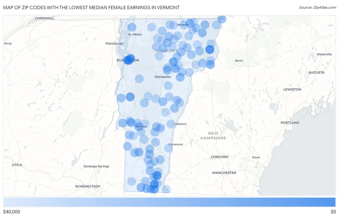 Zip Codes with the Lowest Median Female Earnings in Vermont Map
