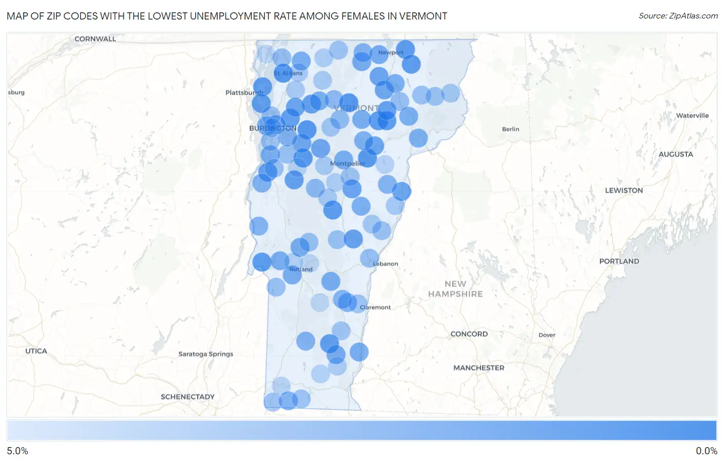 Zip Codes with the Lowest Unemployment Rate Among Females in Vermont Map