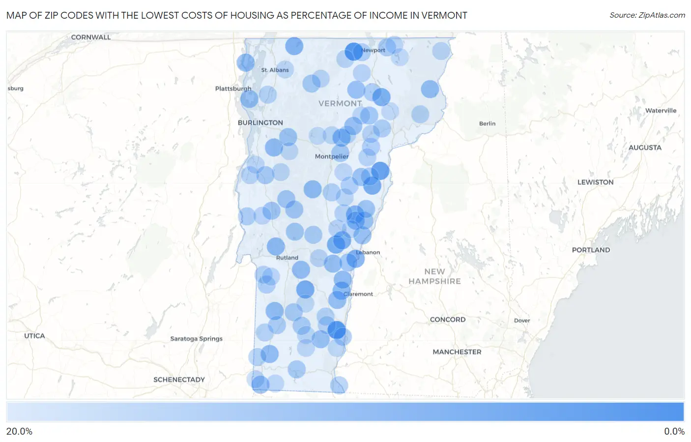 Zip Codes with the Lowest Costs of Housing as Percentage of Income in Vermont Map