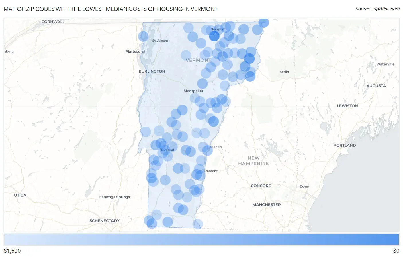 Zip Codes with the Lowest Median Costs of Housing in Vermont Map