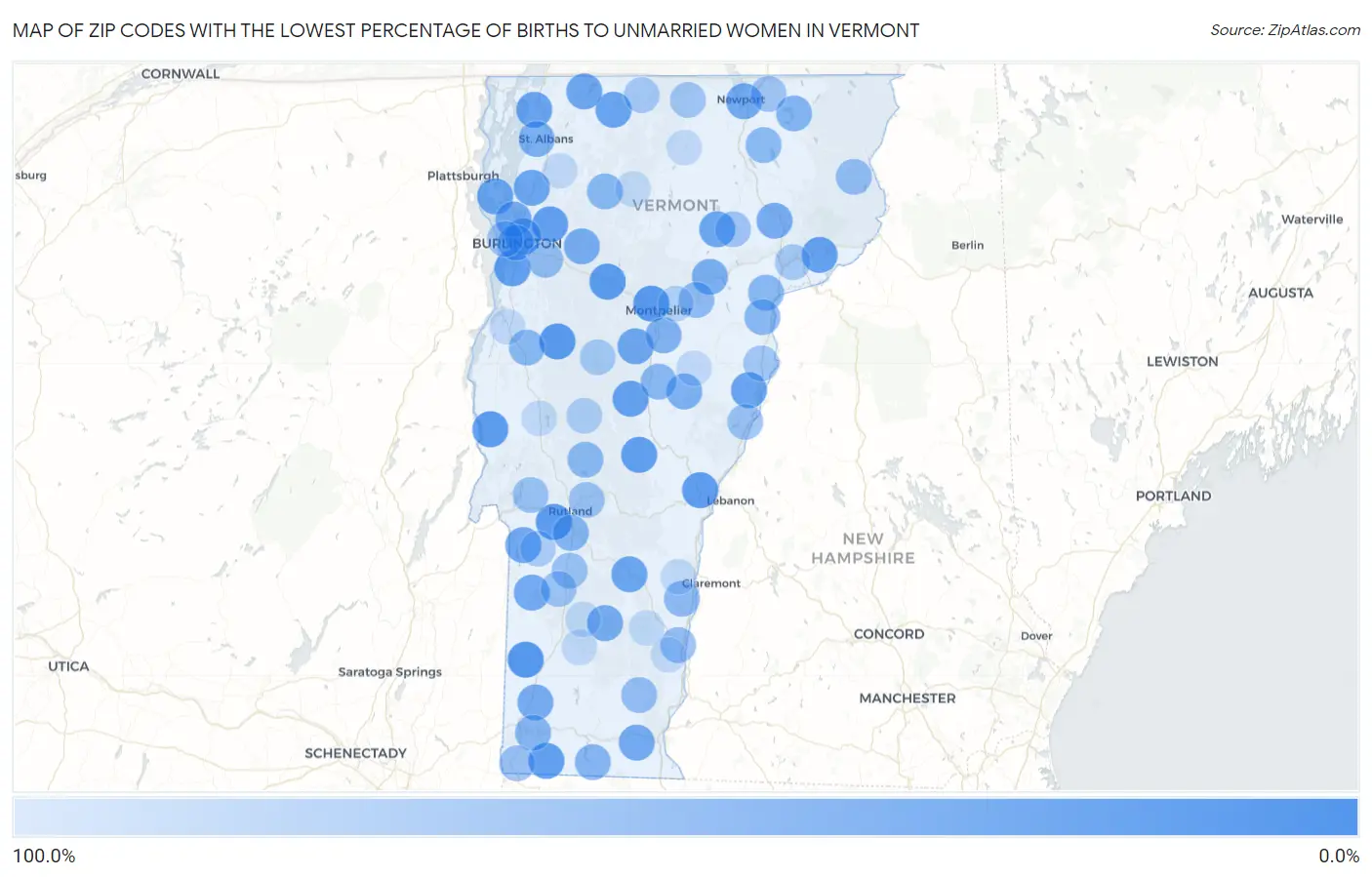Zip Codes with the Lowest Percentage of Births to Unmarried Women in Vermont Map