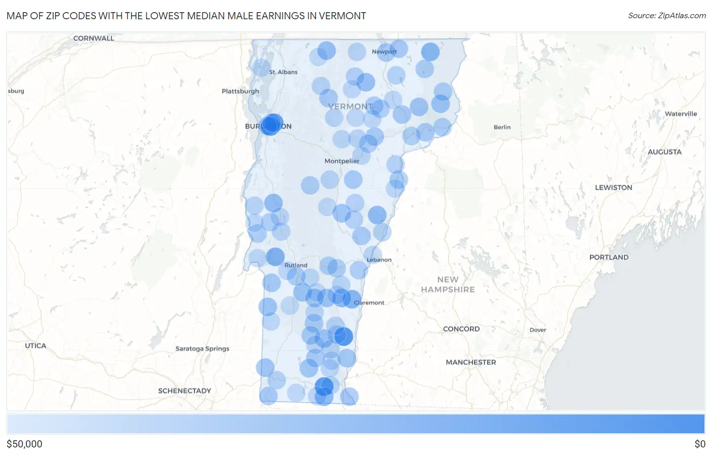 Zip Codes with the Lowest Median Male Earnings in Vermont Map