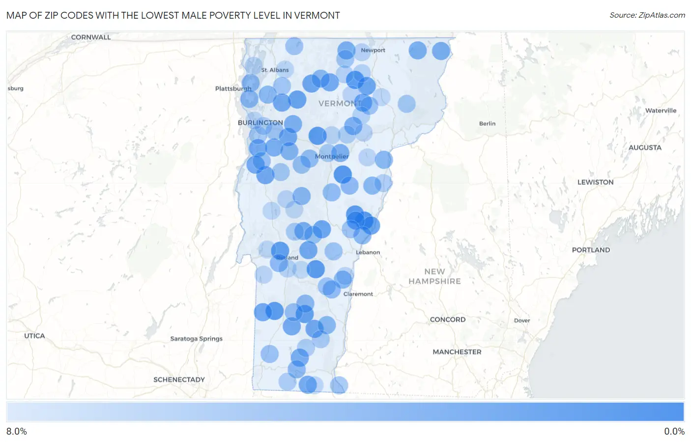 Zip Codes with the Lowest Male Poverty Level in Vermont Map