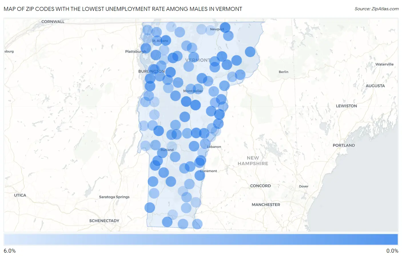 Zip Codes with the Lowest Unemployment Rate Among Males in Vermont Map