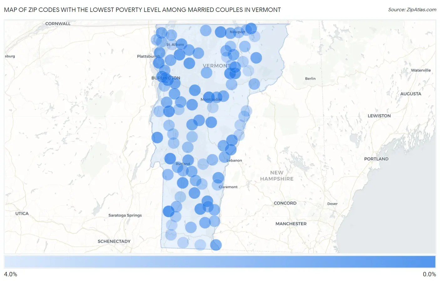 Zip Codes with the Lowest Poverty Level Among Married Couples in Vermont Map
