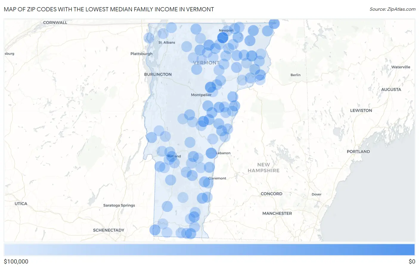Zip Codes with the Lowest Median Family Income in Vermont Map