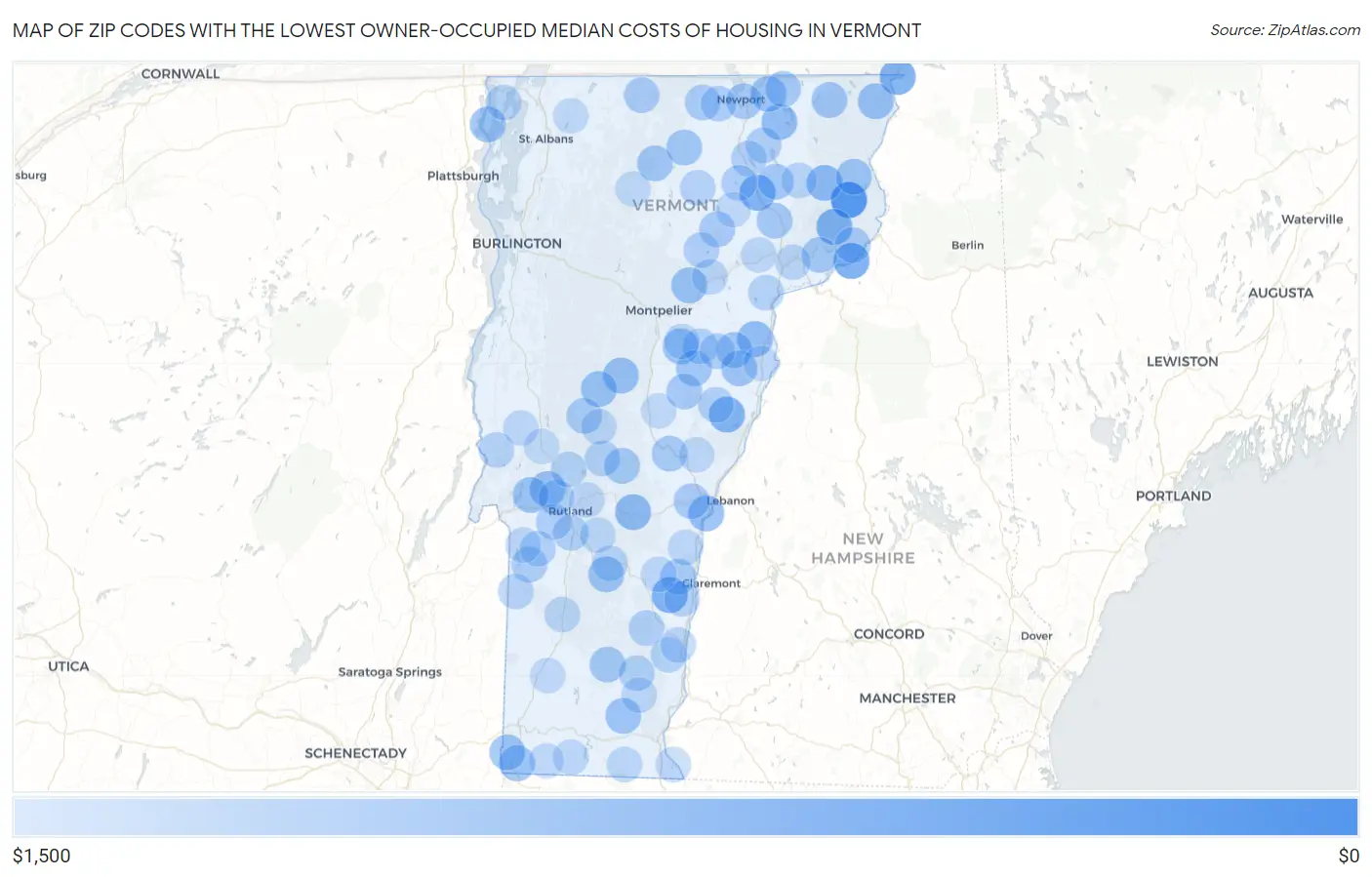 Zip Codes with the Lowest Owner-Occupied Median Costs of Housing in Vermont Map