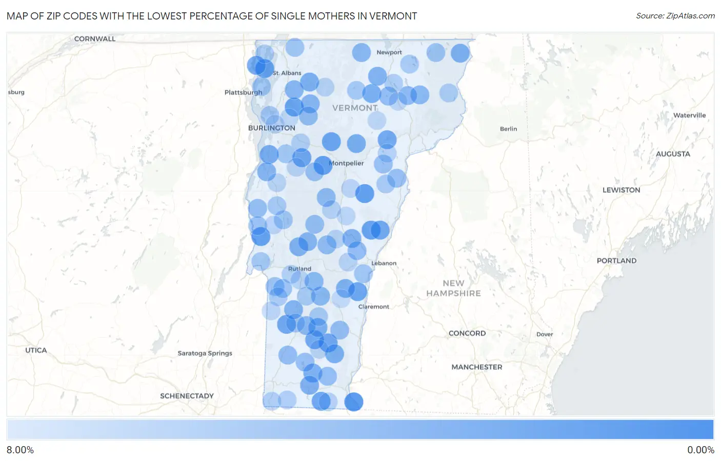 Zip Codes with the Lowest Percentage of Single Mothers in Vermont Map