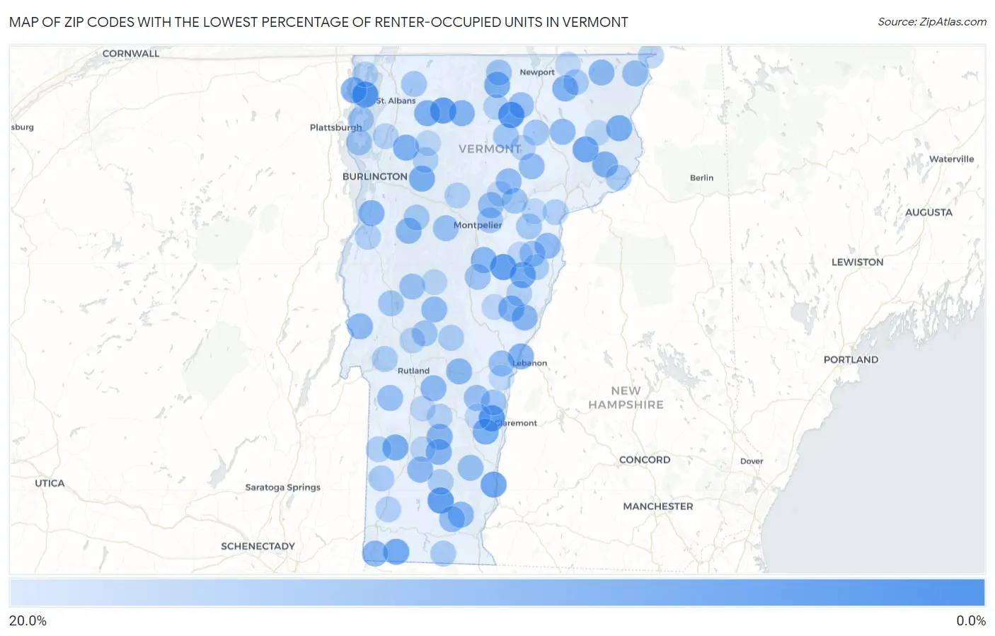 Zip Codes with the Lowest Percentage of Renter-Occupied Units in Vermont Map