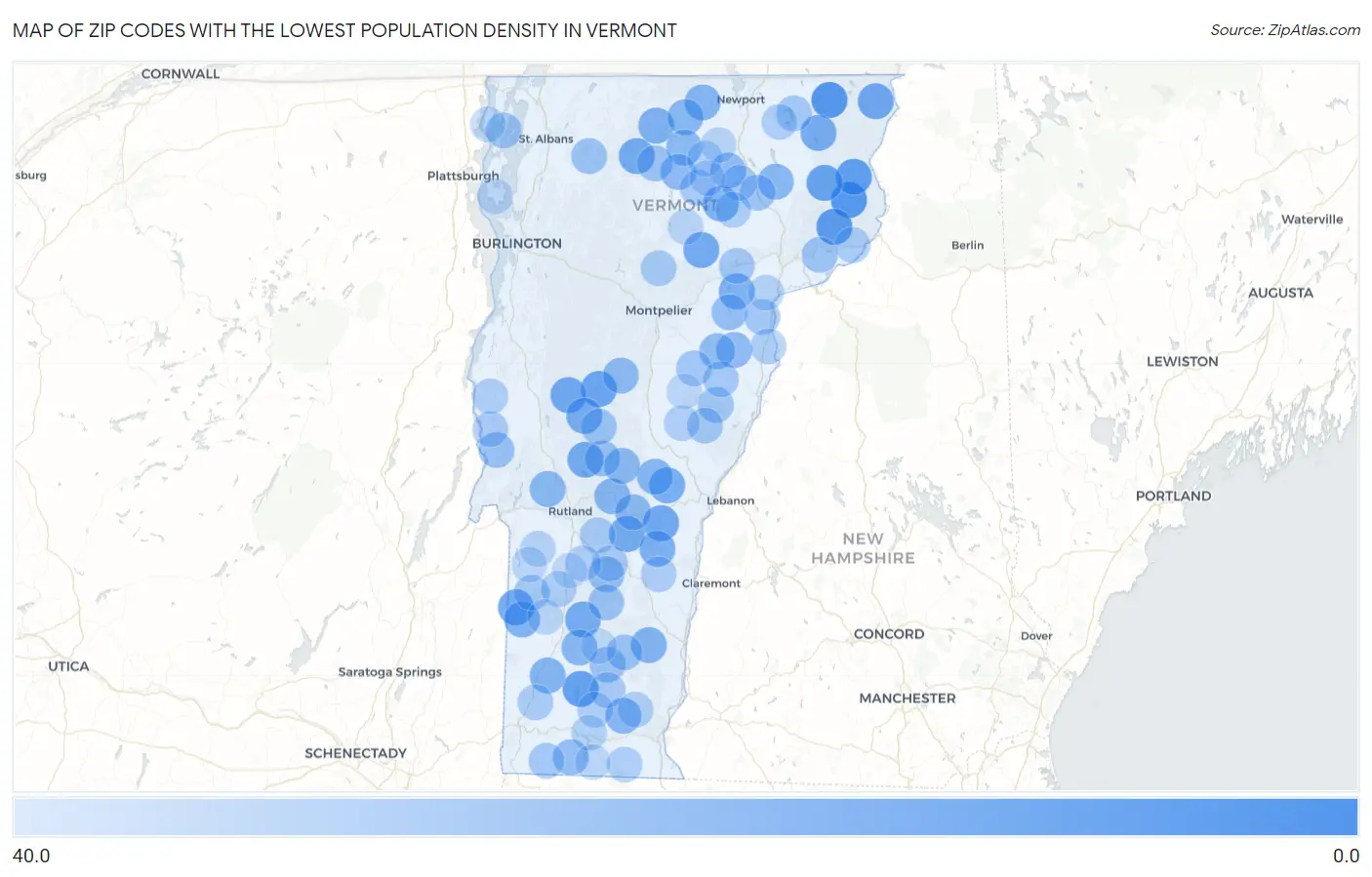 Zip Codes with the Lowest Population Density in Vermont Map