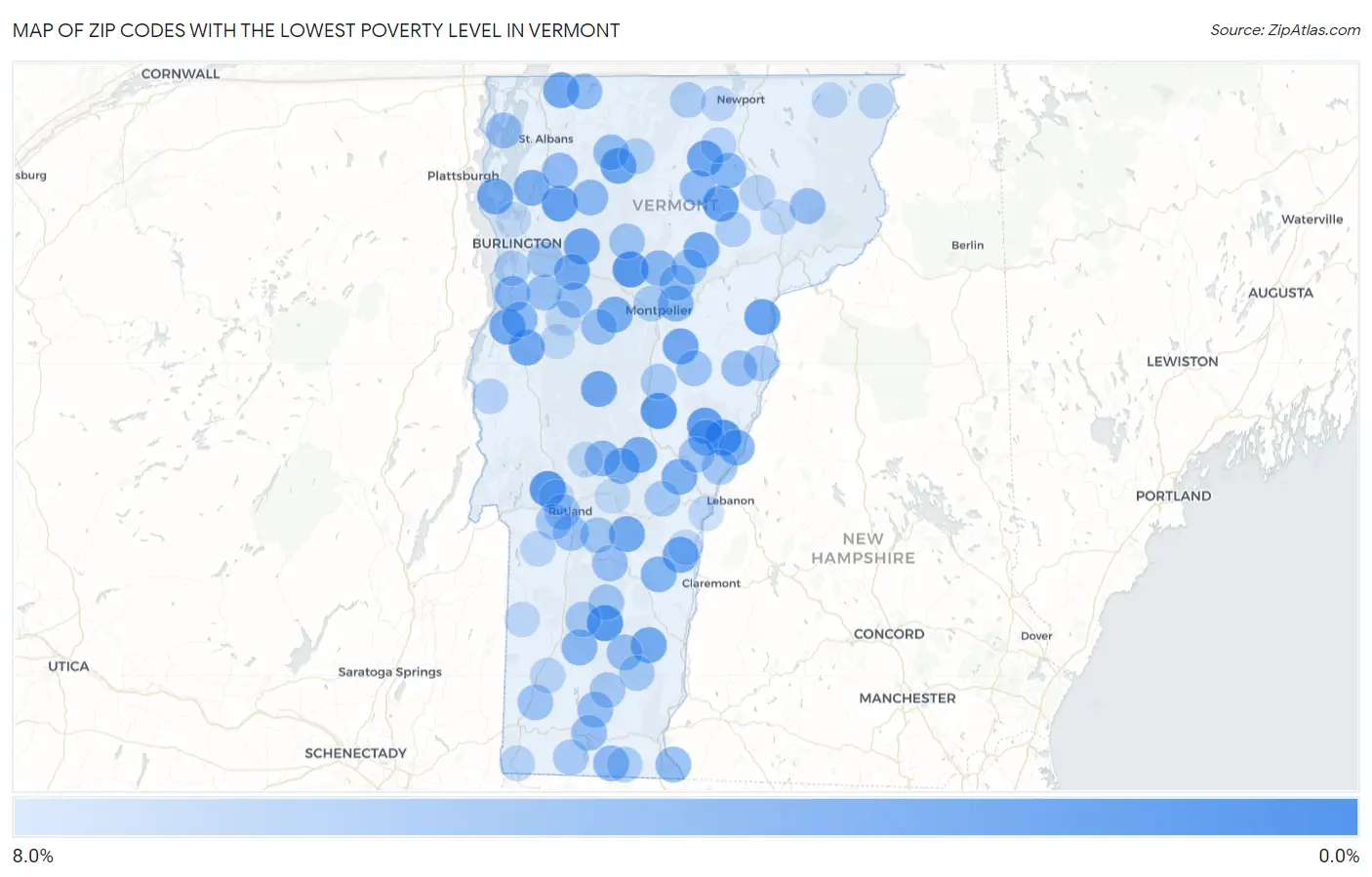 Zip Codes with the Lowest Poverty Level in Vermont Map