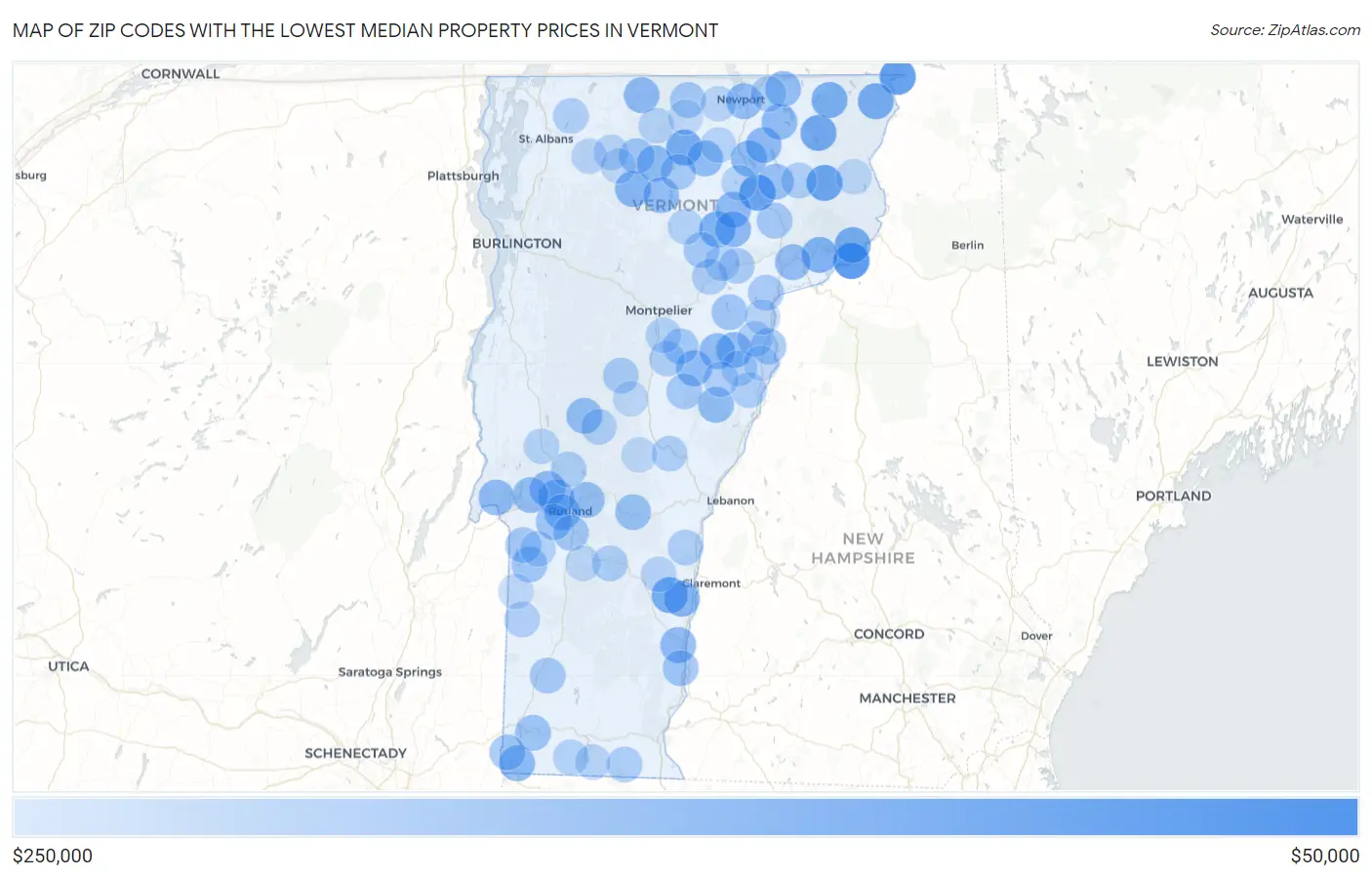 Zip Codes with the Lowest Median Property Prices in Vermont Map