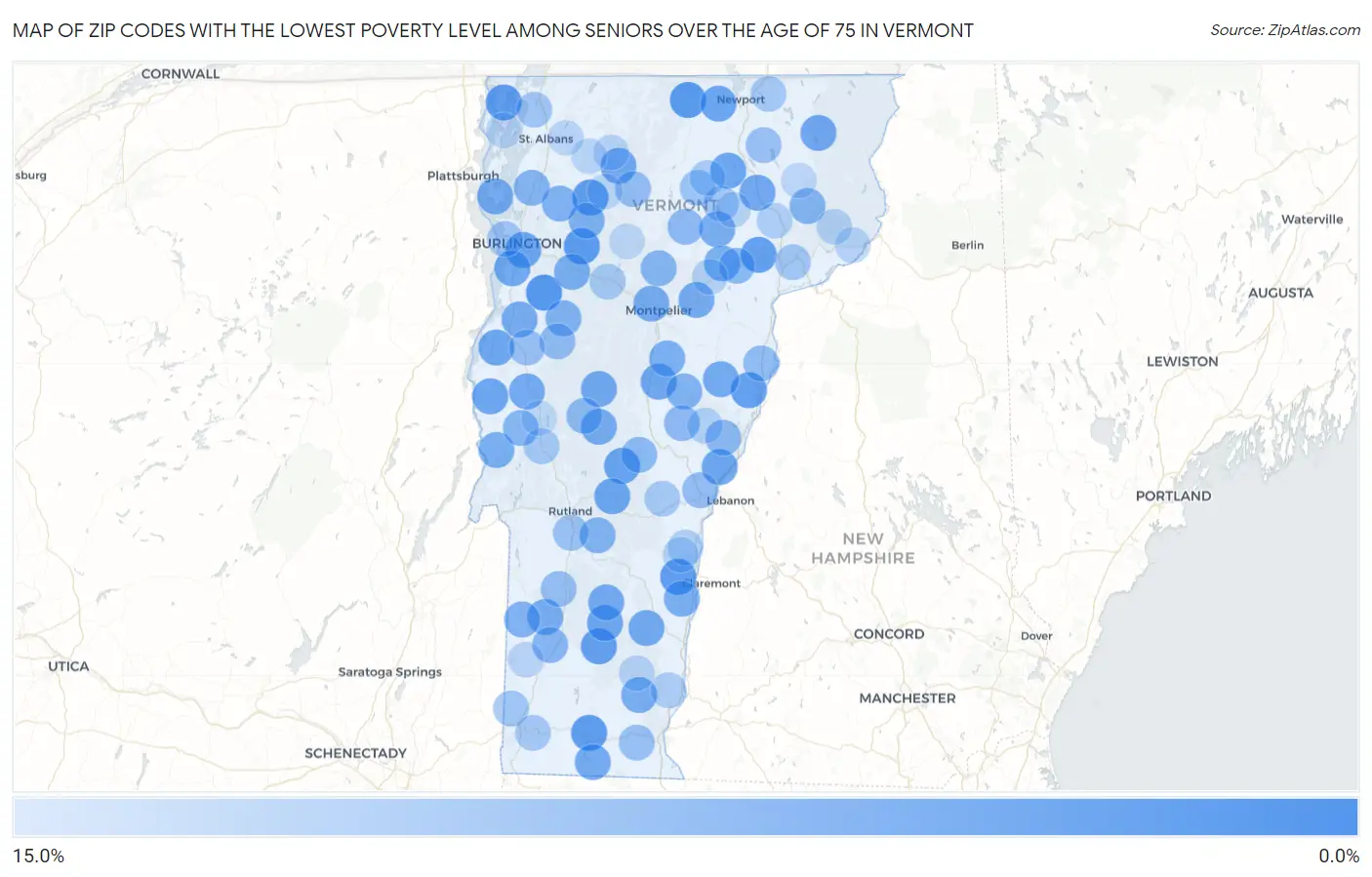 Zip Codes with the Lowest Poverty Level Among Seniors Over the Age of 75 in Vermont Map