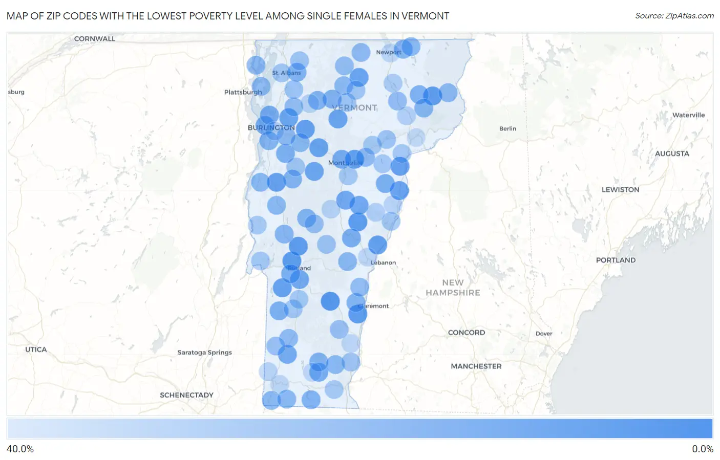 Zip Codes with the Lowest Poverty Level Among Single Females in Vermont Map