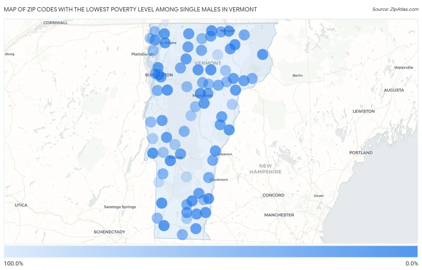 Zip Codes with the Lowest Poverty Level Among Single Males in Vermont Map