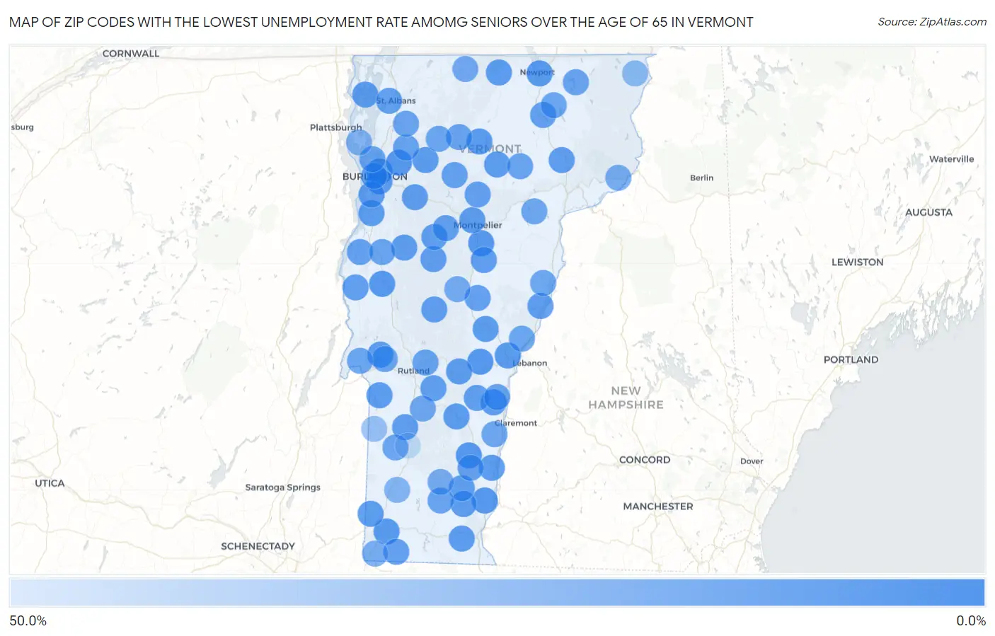 Zip Codes with the Lowest Unemployment Rate Amomg Seniors Over the Age of 65 in Vermont Map