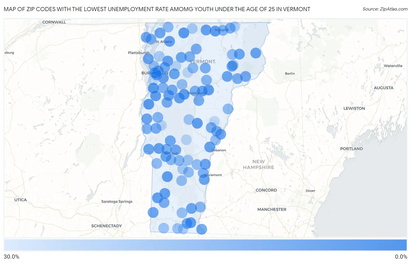 Zip Codes with the Lowest Unemployment Rate Amomg Youth Under the Age of 25 in Vermont Map