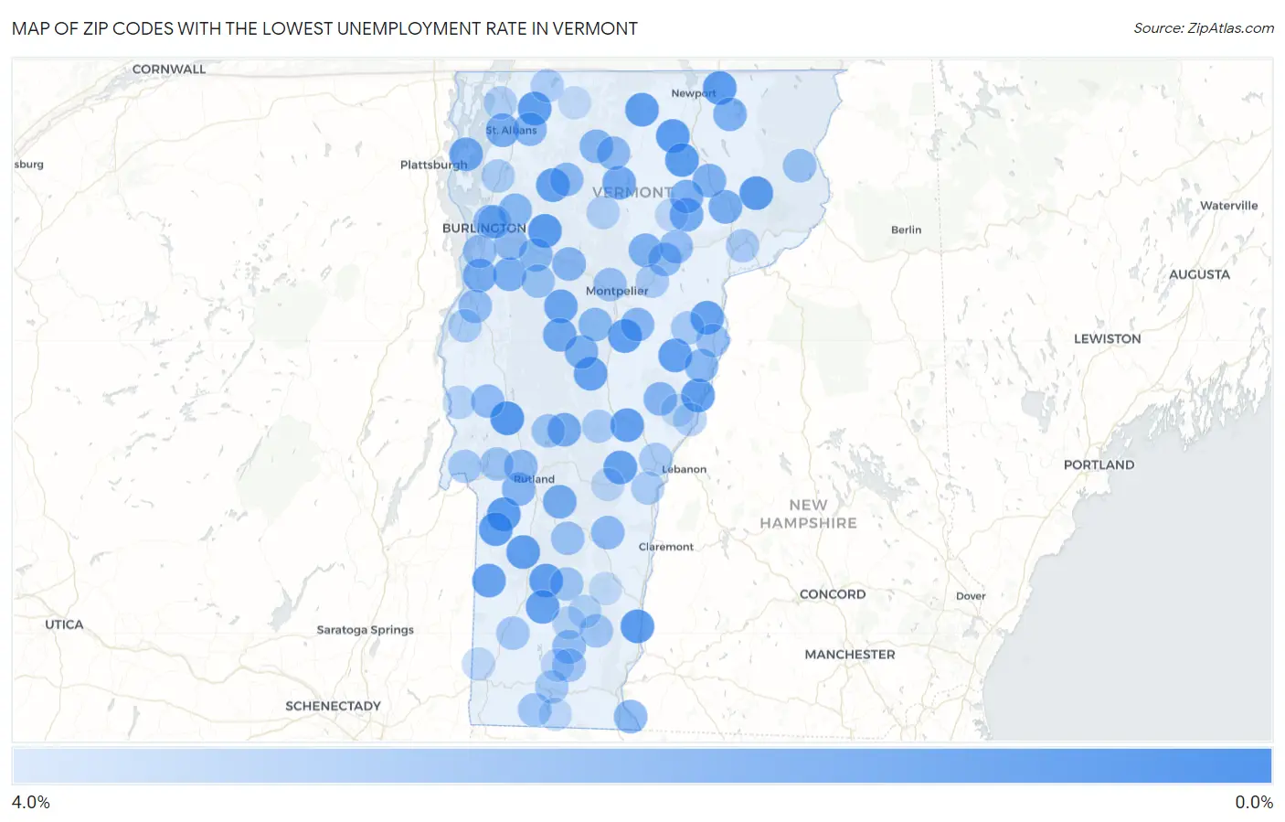 Zip Codes with the Lowest Unemployment Rate in Vermont Map