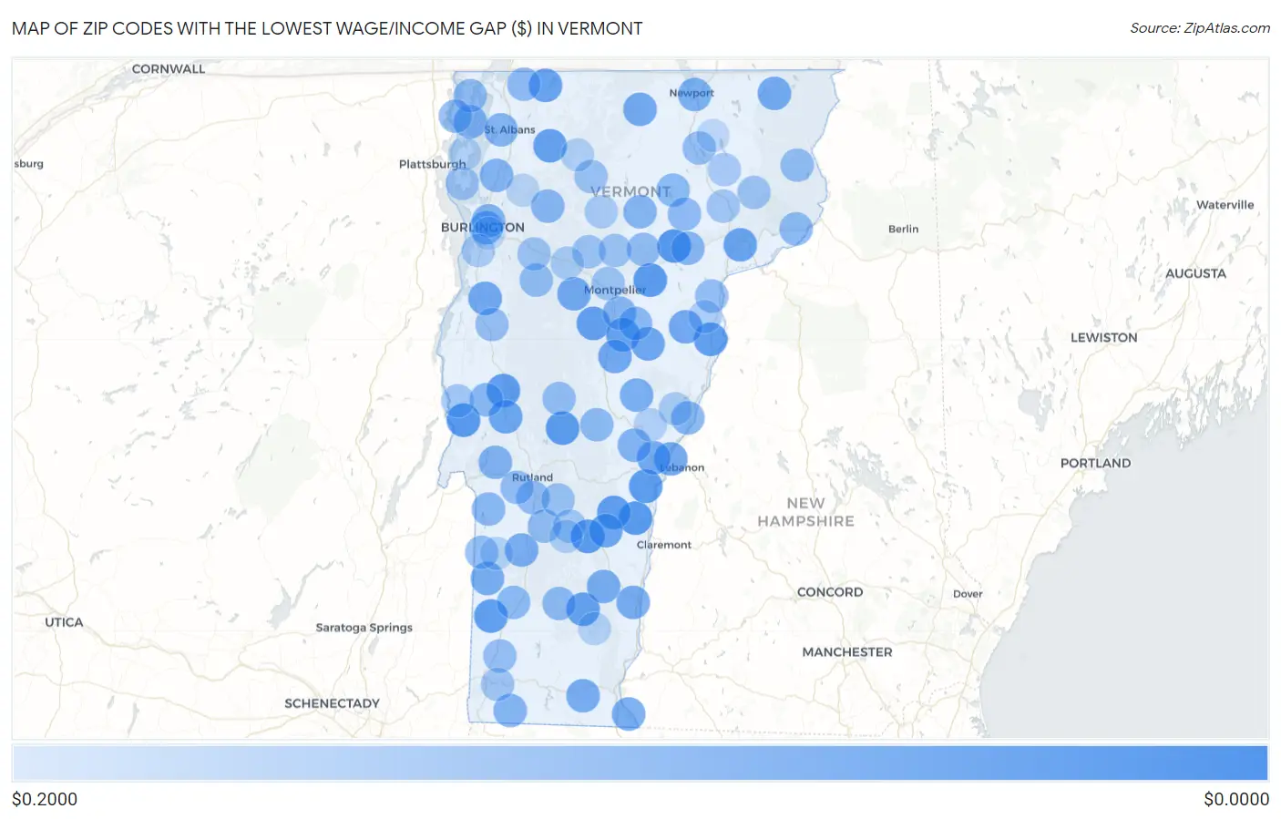 Zip Codes with the Lowest Wage/Income Gap ($) in Vermont Map