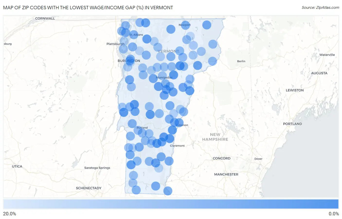 Zip Codes with the Lowest Wage/Income Gap (%) in Vermont Map