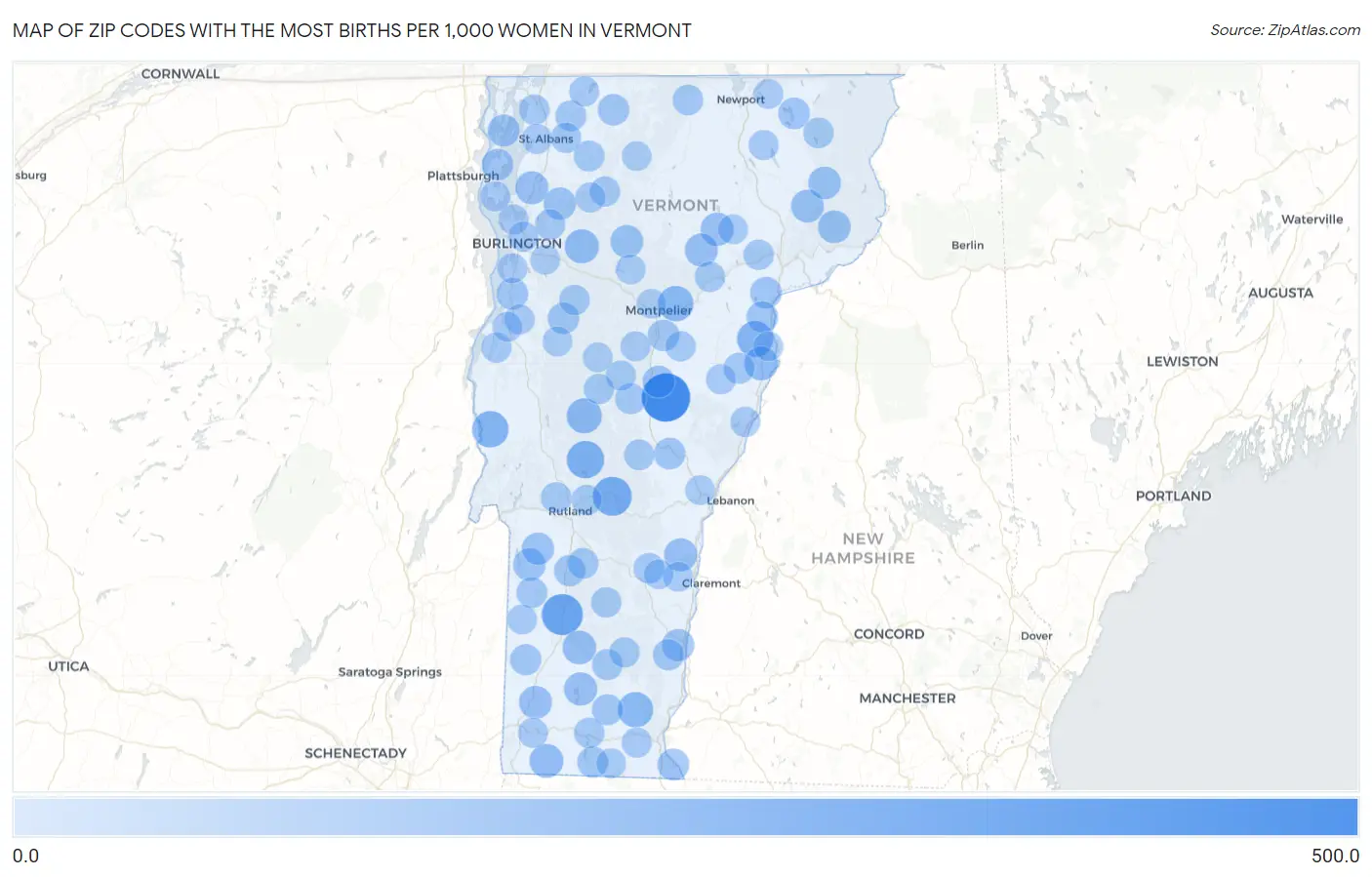Zip Codes with the Most Births per 1,000 Women in Vermont Map