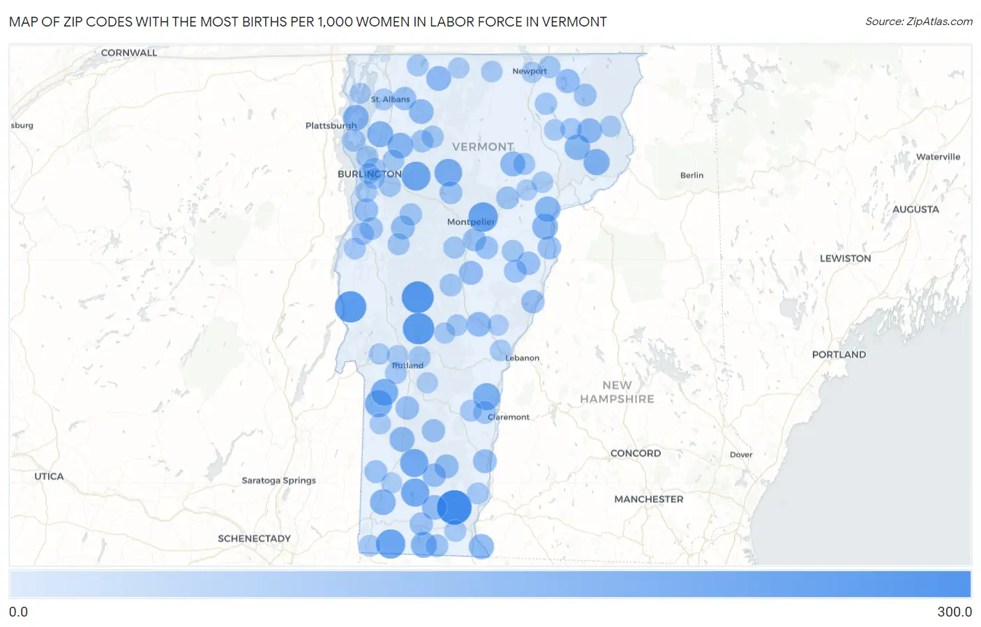 Zip Codes with the Most Births per 1,000 Women in Labor Force in Vermont Map