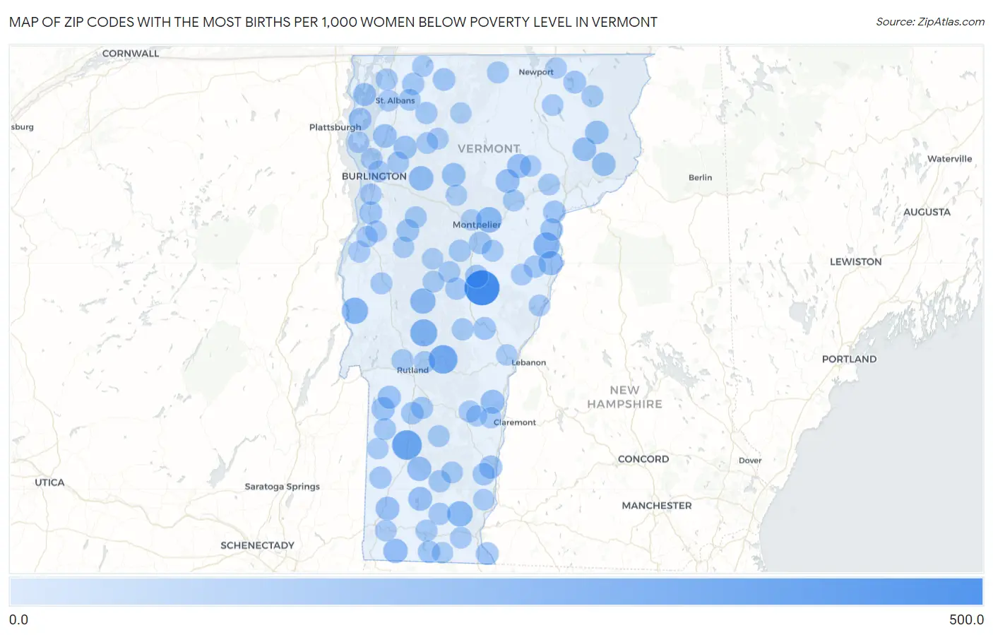 Zip Codes with the Most Births per 1,000 Women Below Poverty Level in Vermont Map