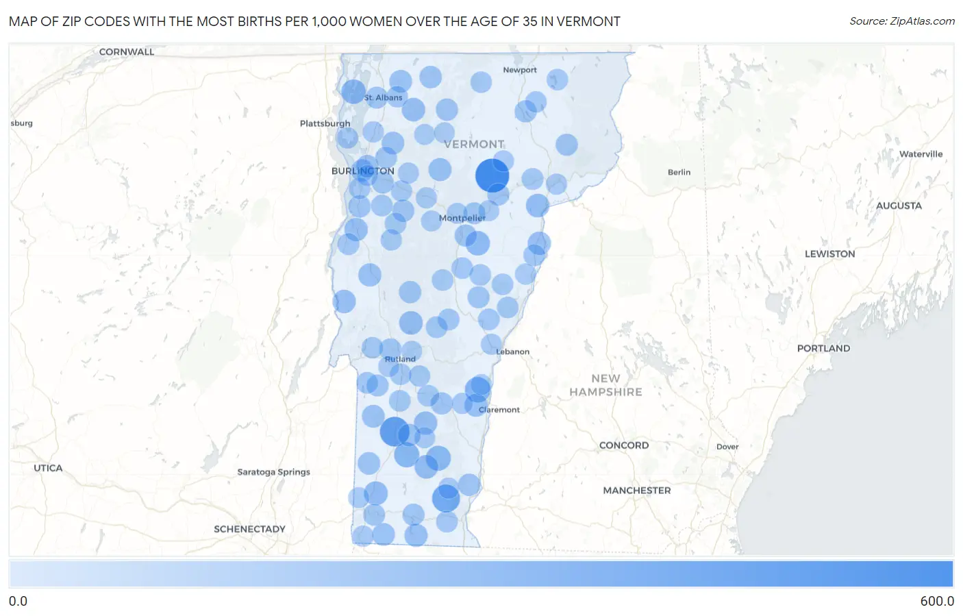 Zip Codes with the Most Births per 1,000 Women Over the Age of 35 in Vermont Map